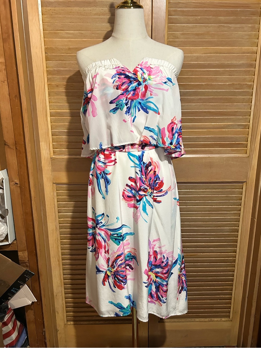 Yumi Kim Silk Strapless Floral Ruffled Dress in White, Pink & Blue Size XS